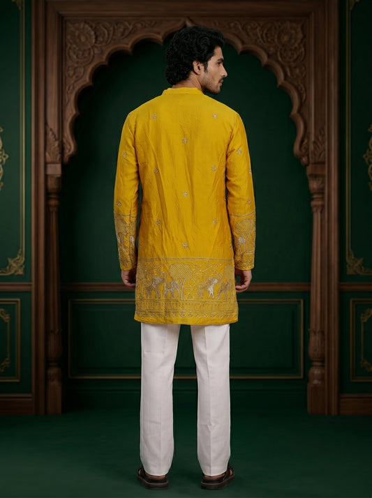 Lemon Gold Embroidered Kurta With Heritage Border