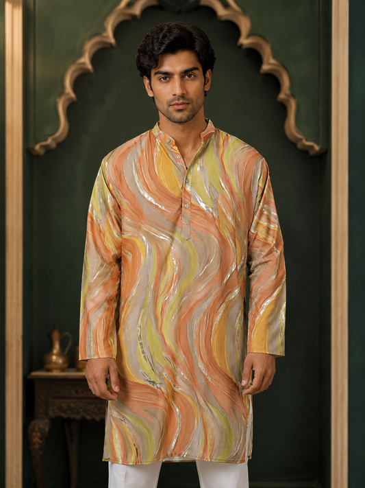 Artistic Print Pure Designer Kurta In Peach-Yellow Color