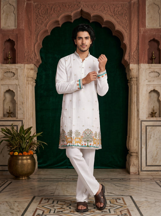 White Gauri Traditional Jacquard  Designer Kurta