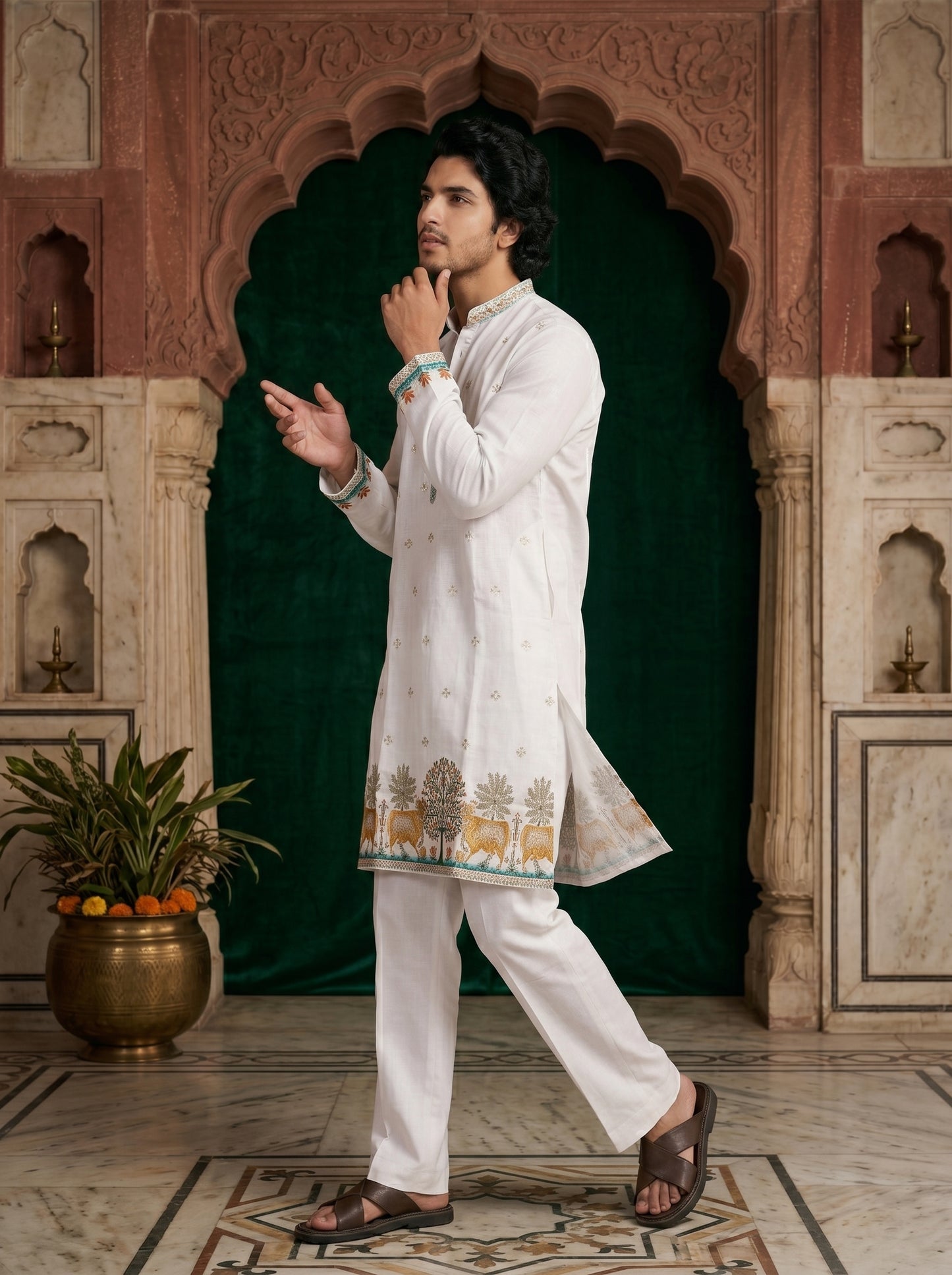 White Gauri Traditional Jacquard  Designer Kurta