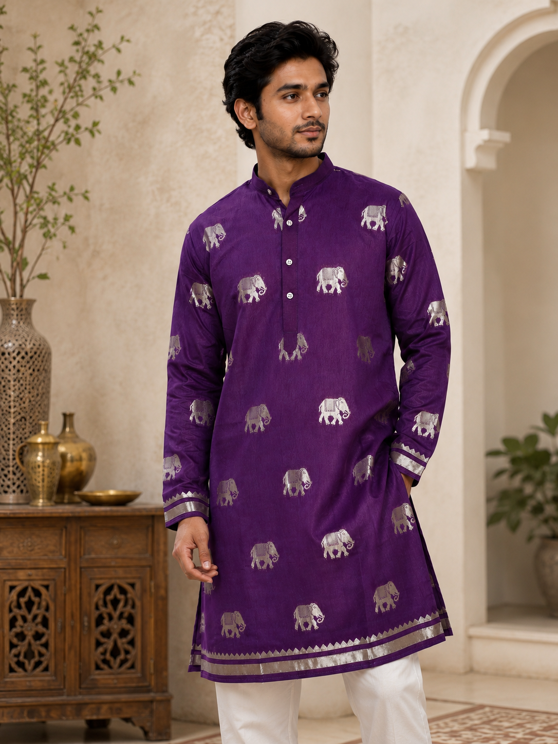Purple Silk Blend Kurta With Jacquard Elephant Motif