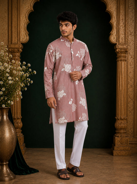 Dusty rose linen blend kurta with floral print and modern look