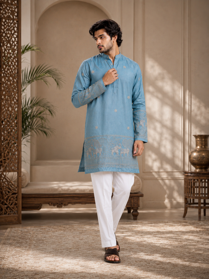 Sea Green Embroidered Kurta With Heritage Border
