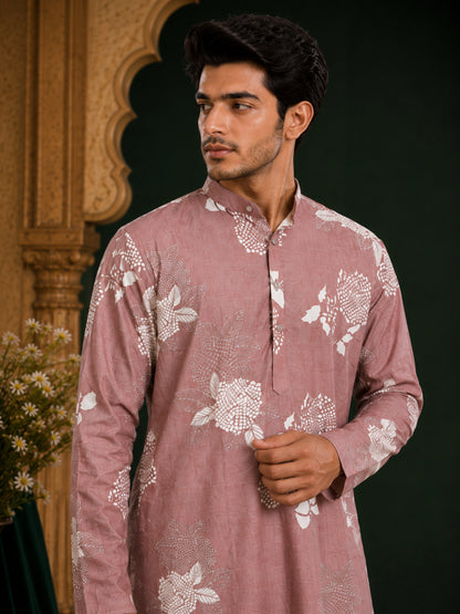 Dusty rose linen blend kurta with floral print and modern look