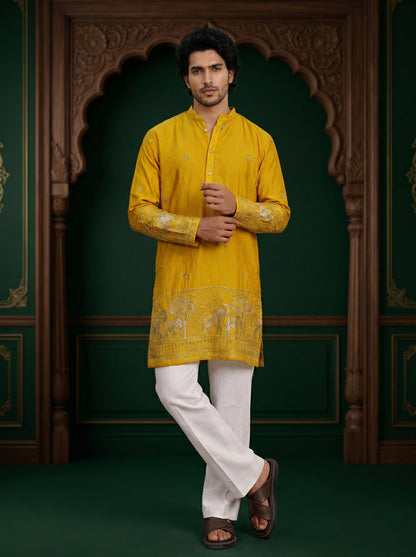 Lemon Gold Embroidered Kurta With Heritage Border