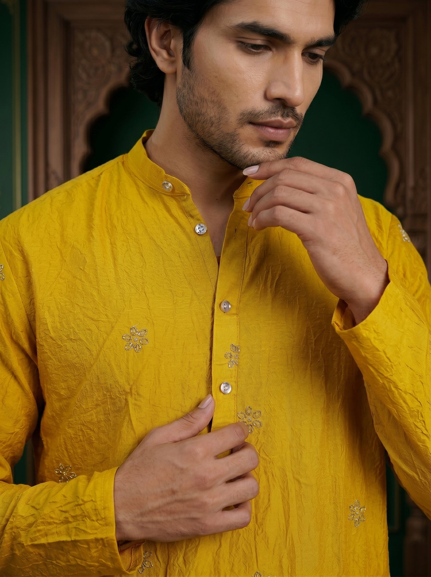 Lemon Gold Embroidered Kurta With Heritage Border