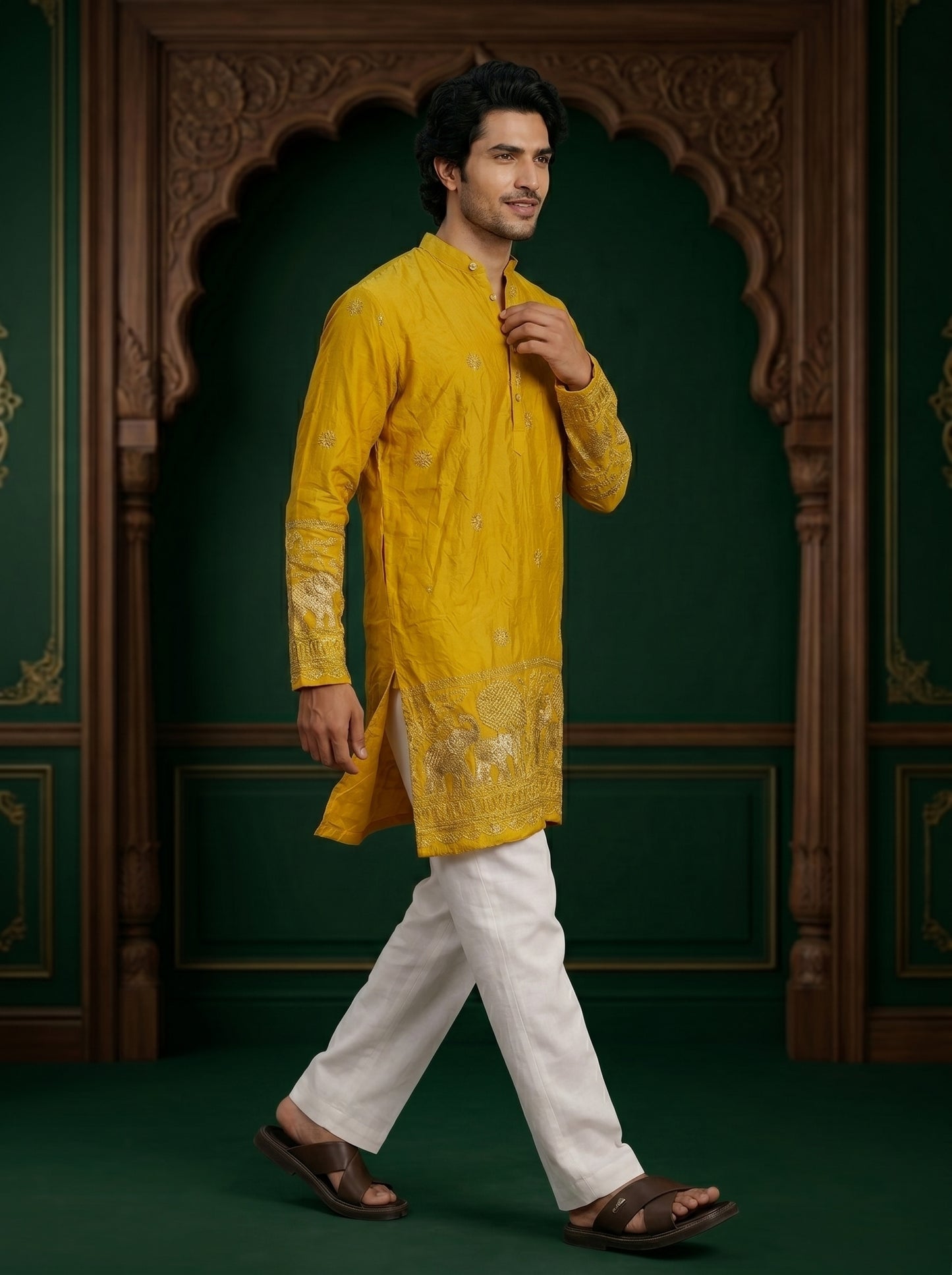 Lemon Gold Embroidered Kurta With Heritage Border