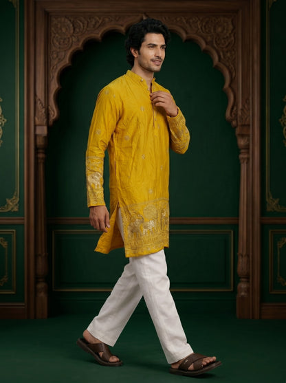 Lemon Gold Embroidered Kurta With Heritage Border