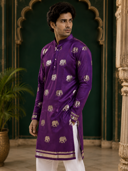Purple Silk Blend Kurta With Jacquard Elephant Motif