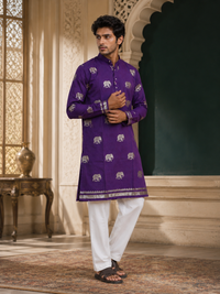 Purple Silk Blend Kurta With Jacquard Elephant Motif
