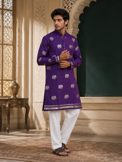 Purple Silk Blend Kurta With Jacquard Elephant Motif