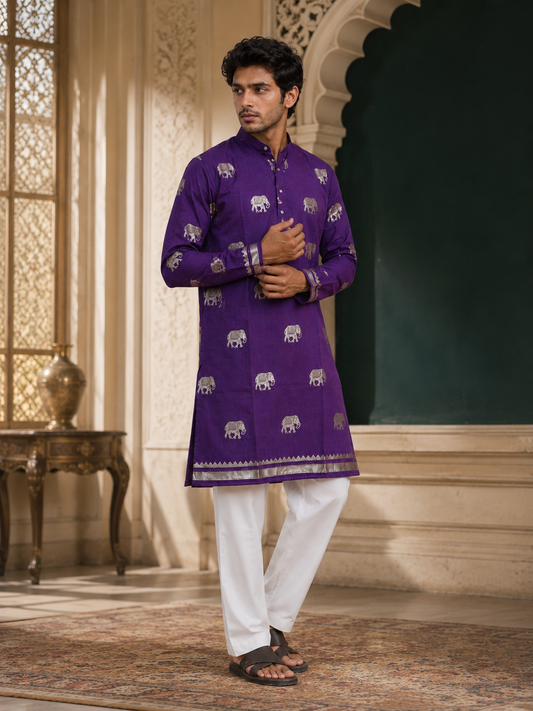 Purple Silk Blend Kurta With Jacquard Elephant Motif