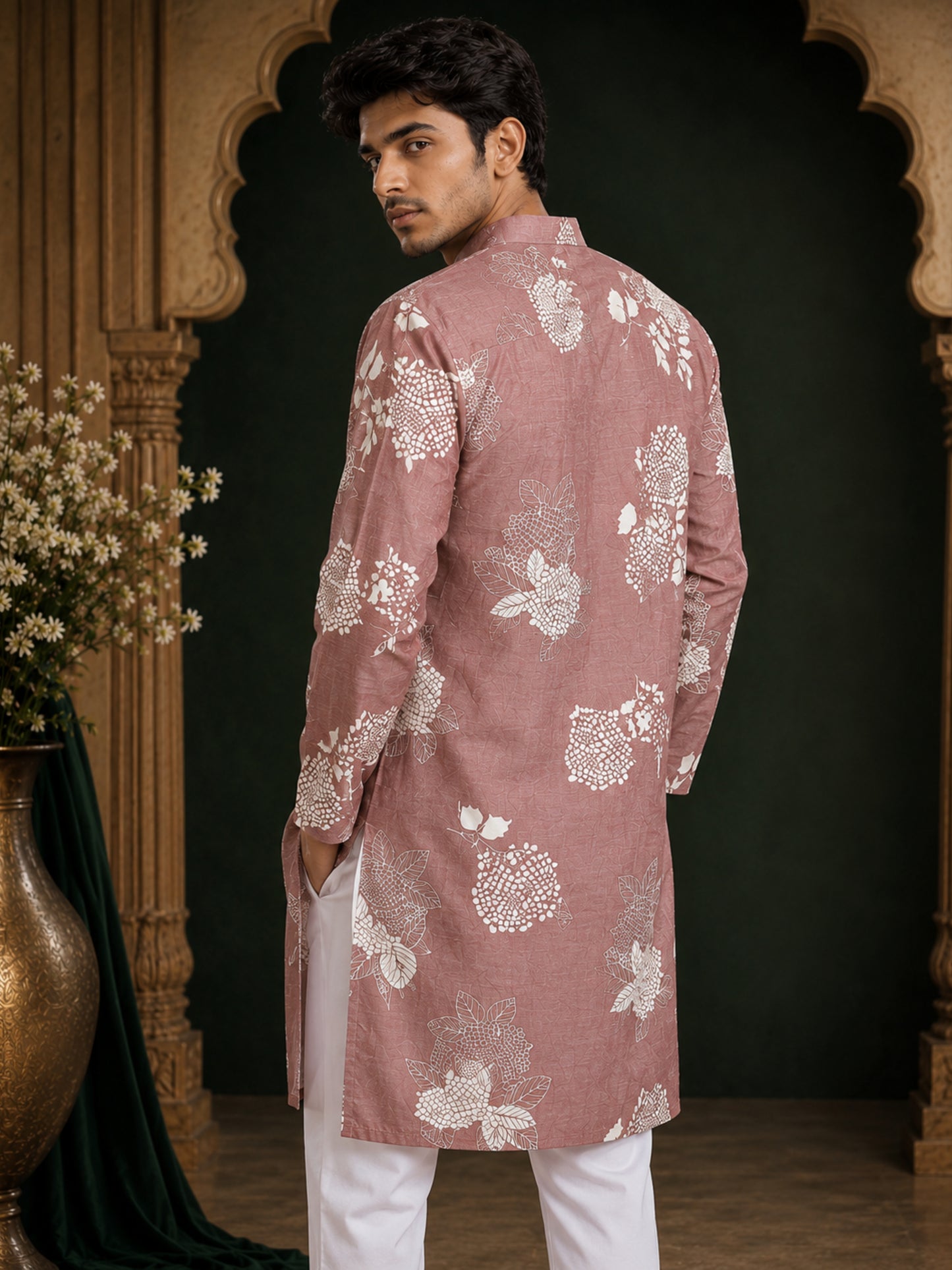 Dusty rose linen blend kurta with floral print and modern look