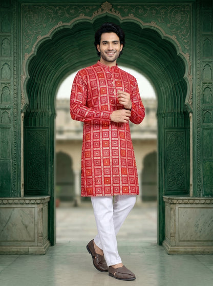 royal red bandhani jacquard kurta