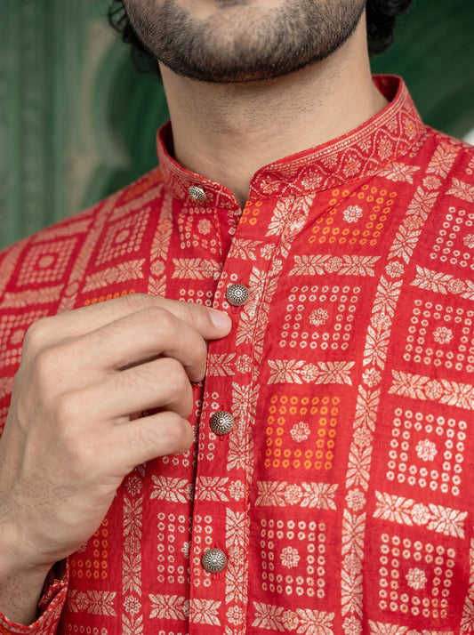 royal red bandhani jacquard kurta