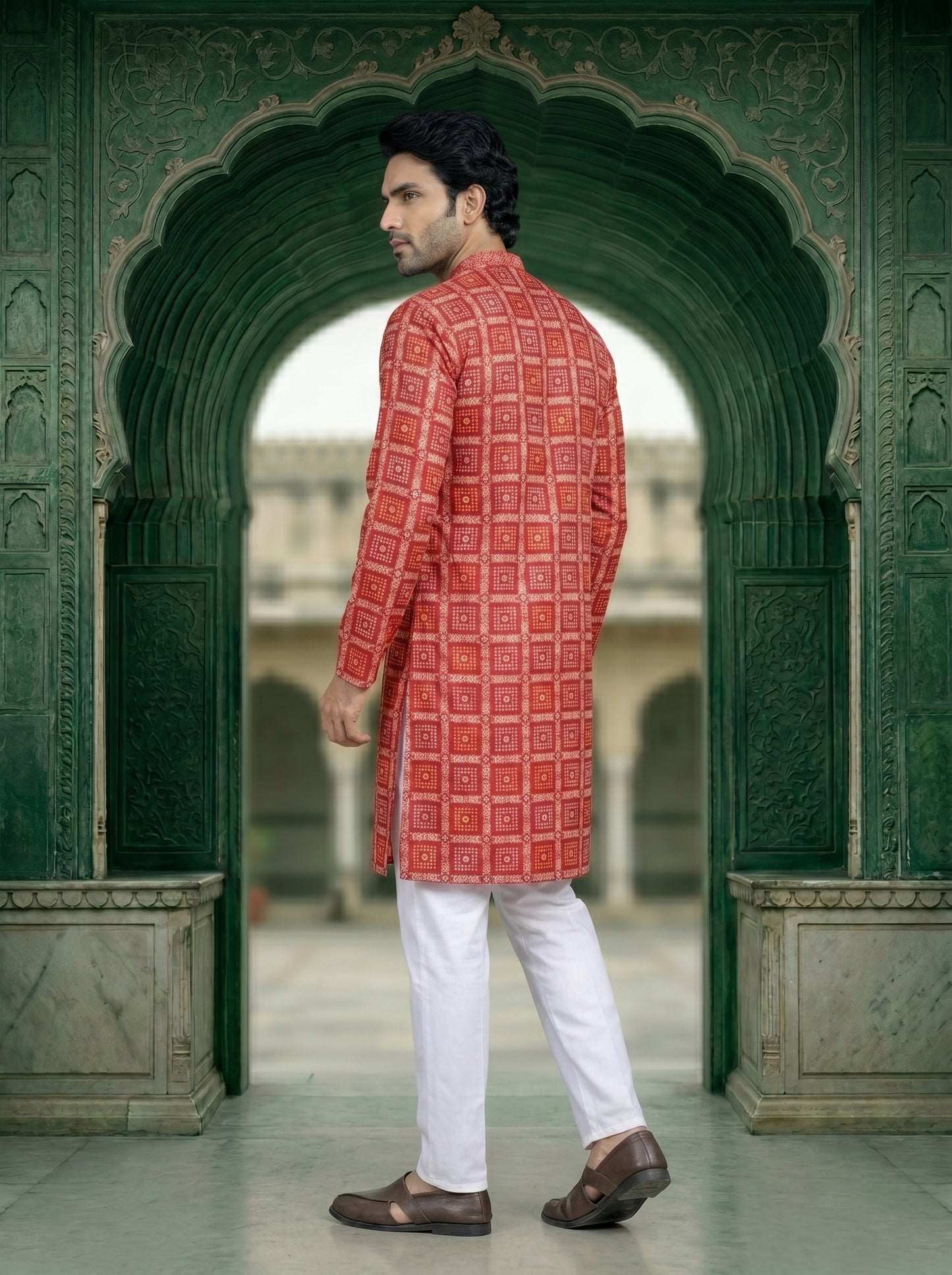royal red bandhani jacquard kurta