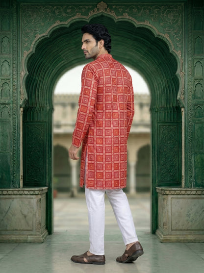 royal red bandhani jacquard kurta