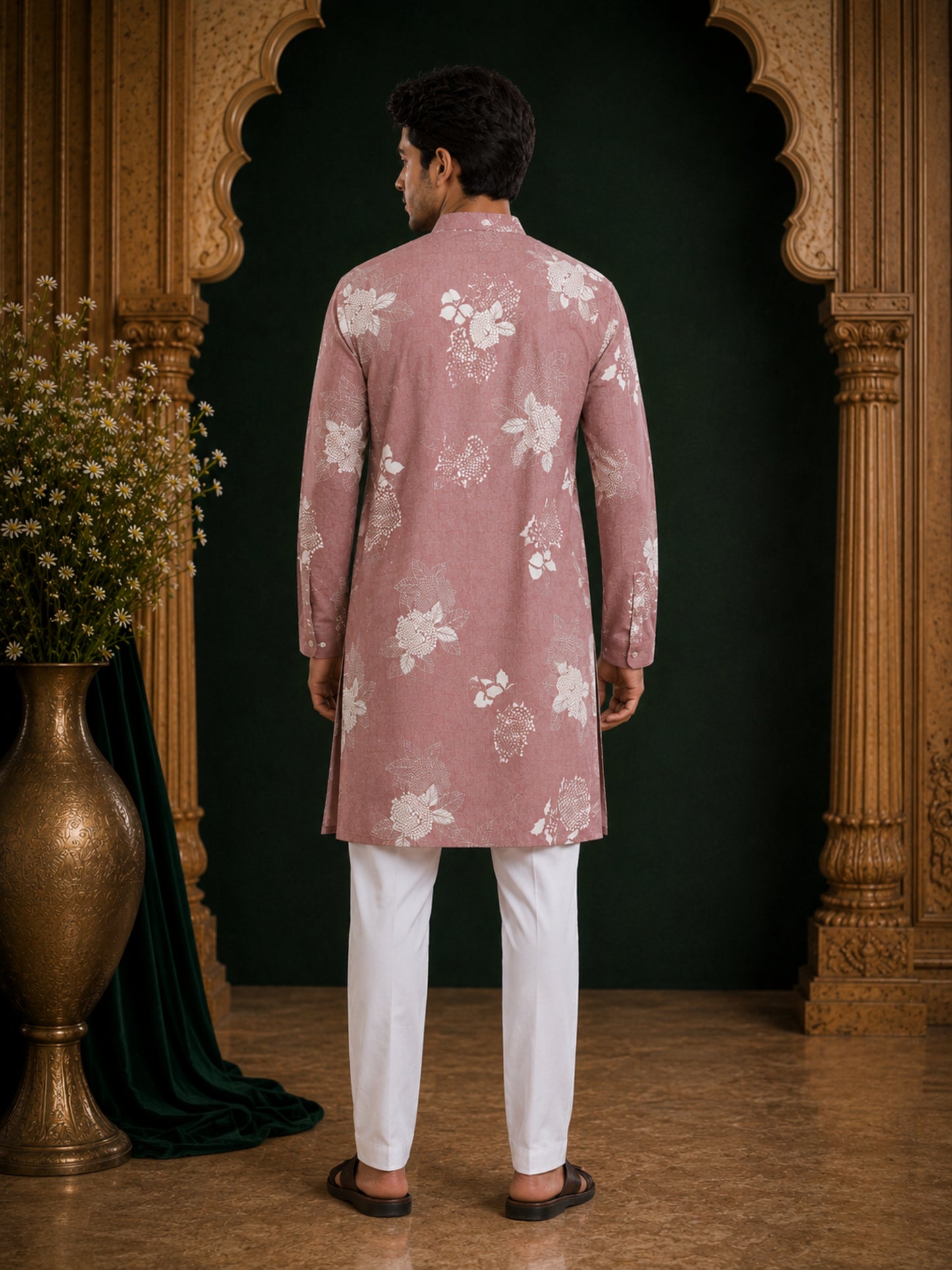 Dusty rose linen blend kurta with floral print and modern look