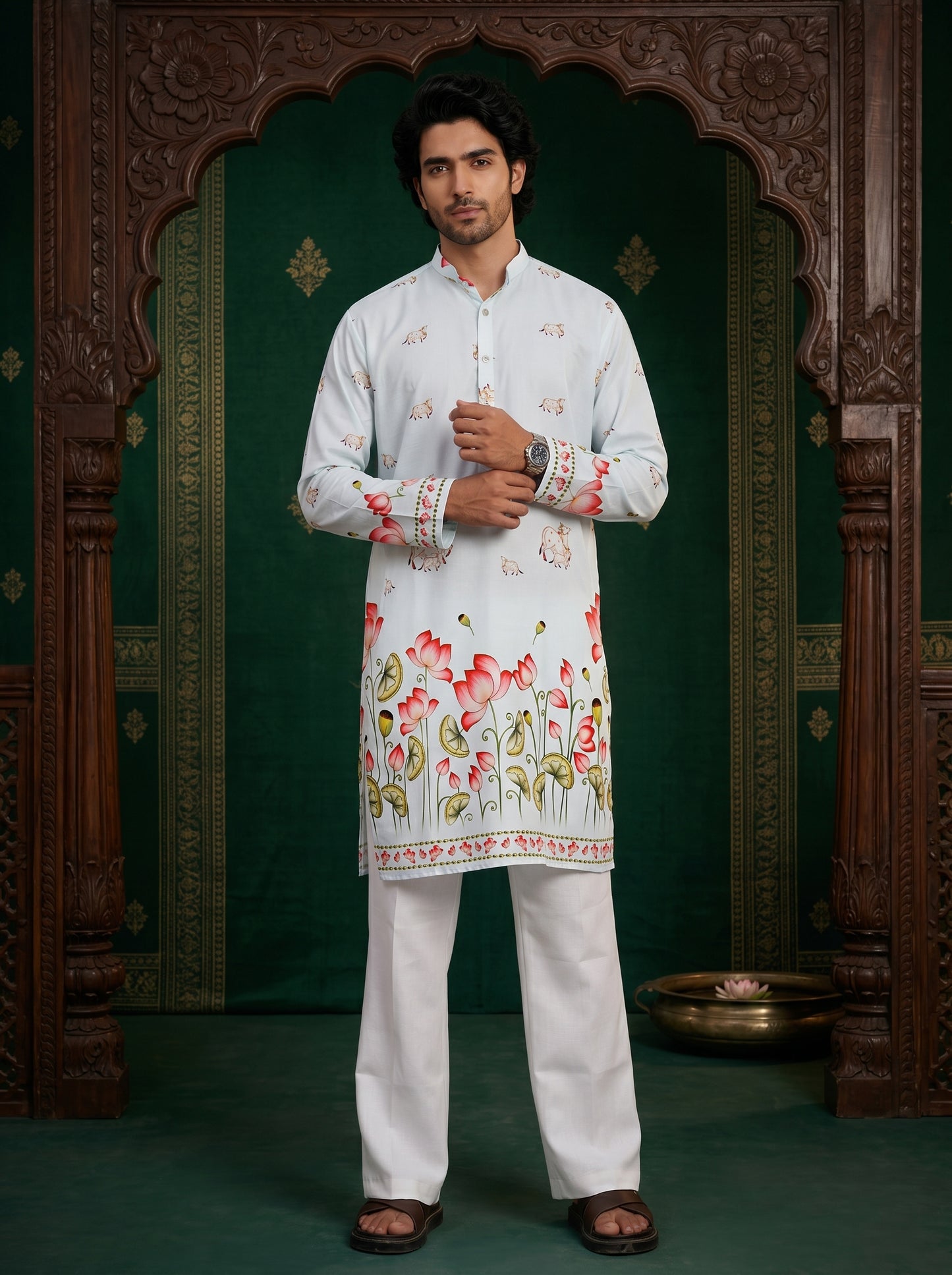 Pichwai Inspired Nandi Floral Pure Rayon Printed Kurta