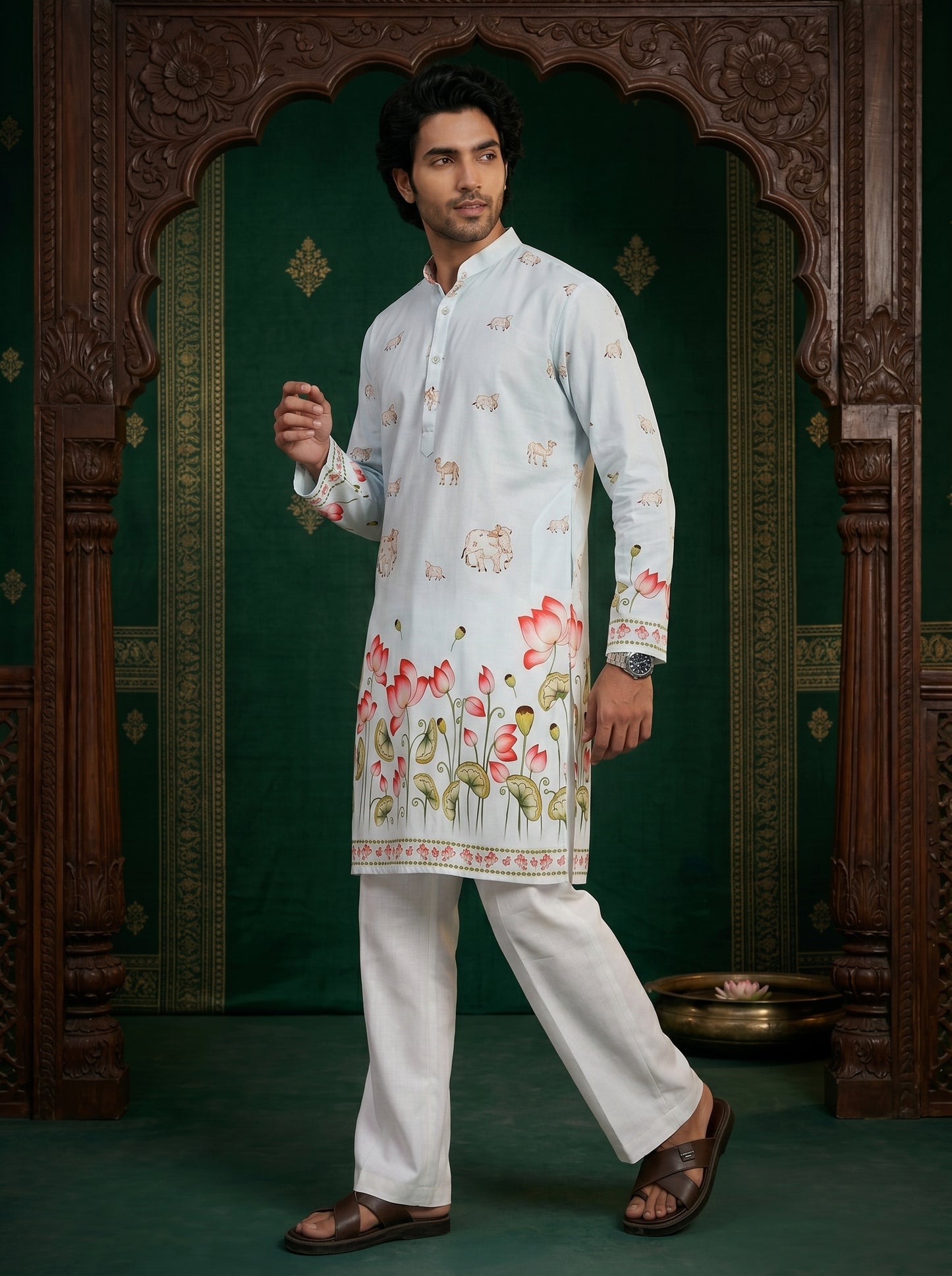 Pichwai Inspired Nandi Floral Pure Rayon Printed Kurta