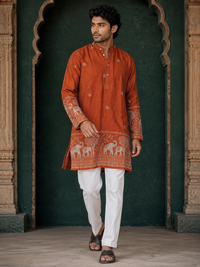 Rust Embroidered Kurta With Heritage Border