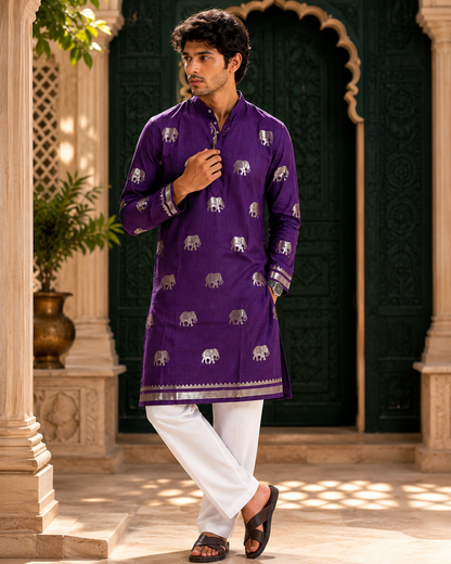 Purple Silk Blend Kurta With Jacquard Elephant Motif