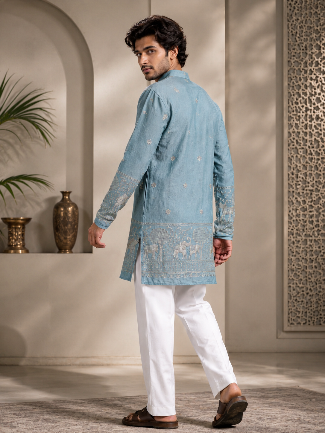 Sea Green Embroidered Kurta With Heritage Border