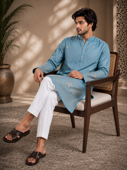 Sea Green Embroidered Kurta With Heritage Border
