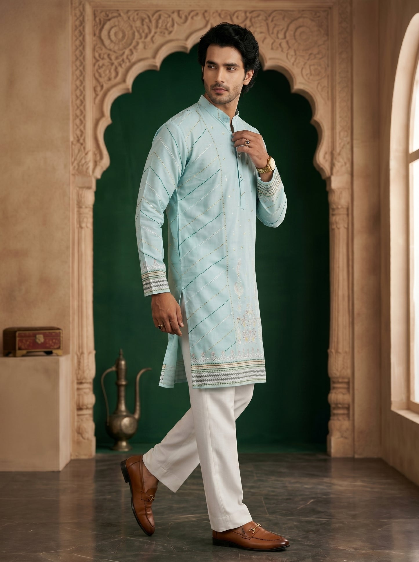 Sky Blue Designer Panel Kurta