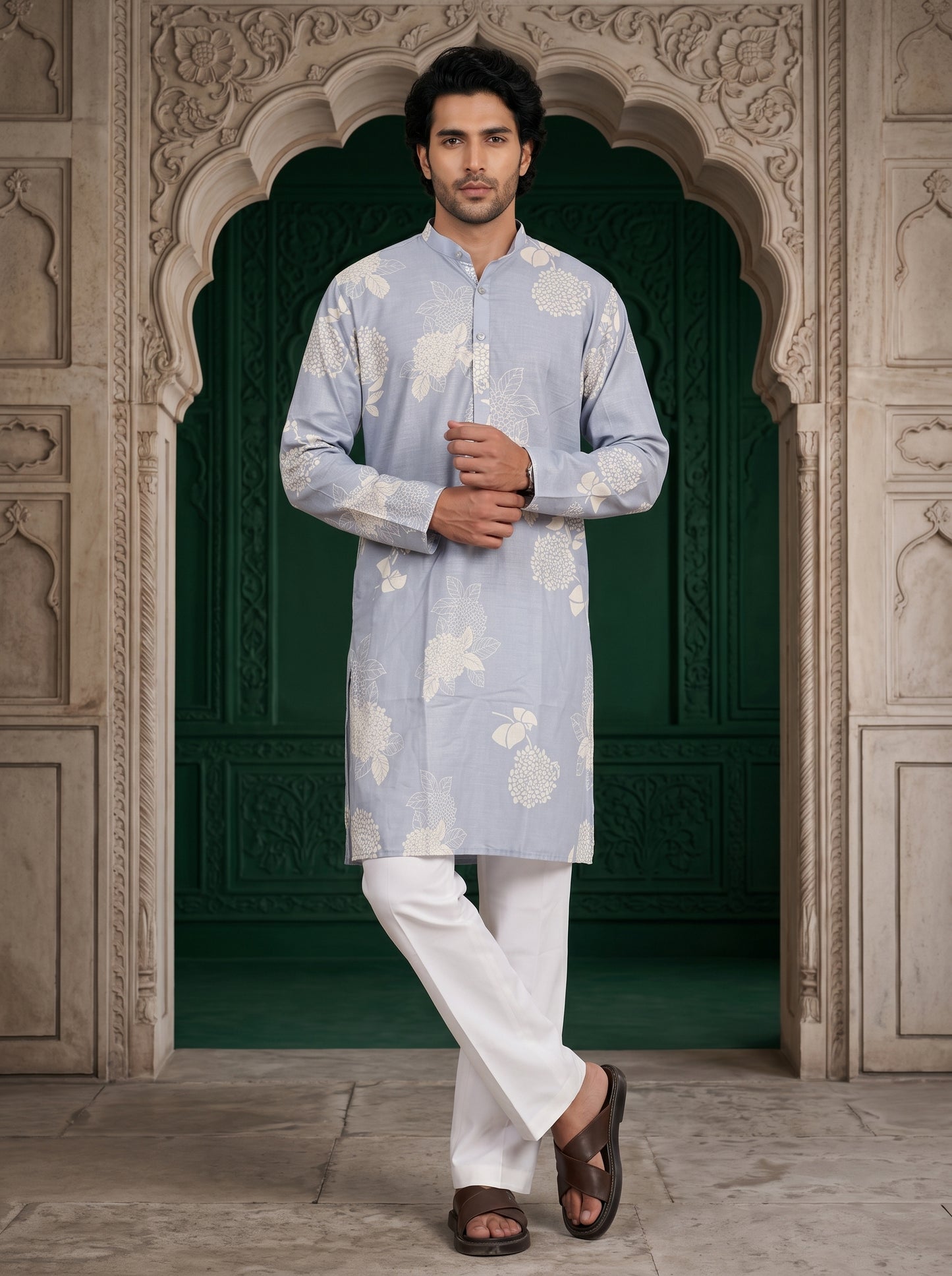 Sky blue linen blend kurta with floral print and modern look