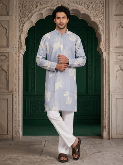 Sky blue linen blend kurta with floral print and modern look