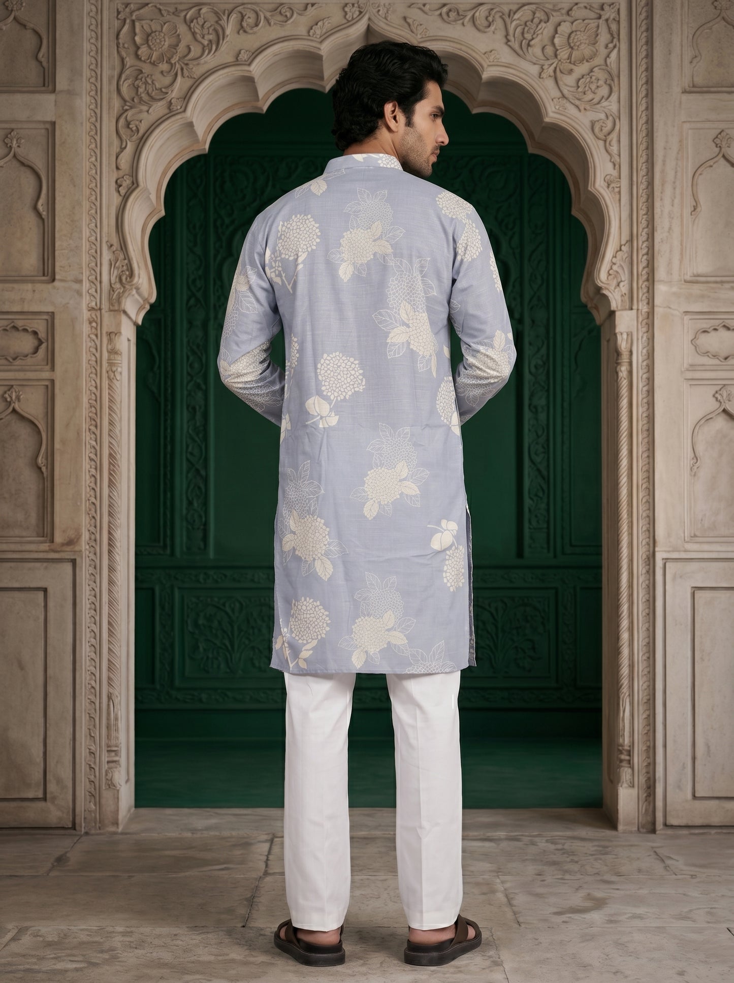 Sky blue linen blend kurta with floral print and modern look
