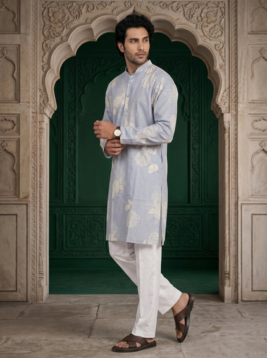 Sky blue linen blend kurta with floral print and modern look