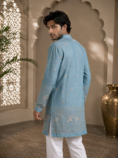 Sea Green Embroidered Kurta With Heritage Border