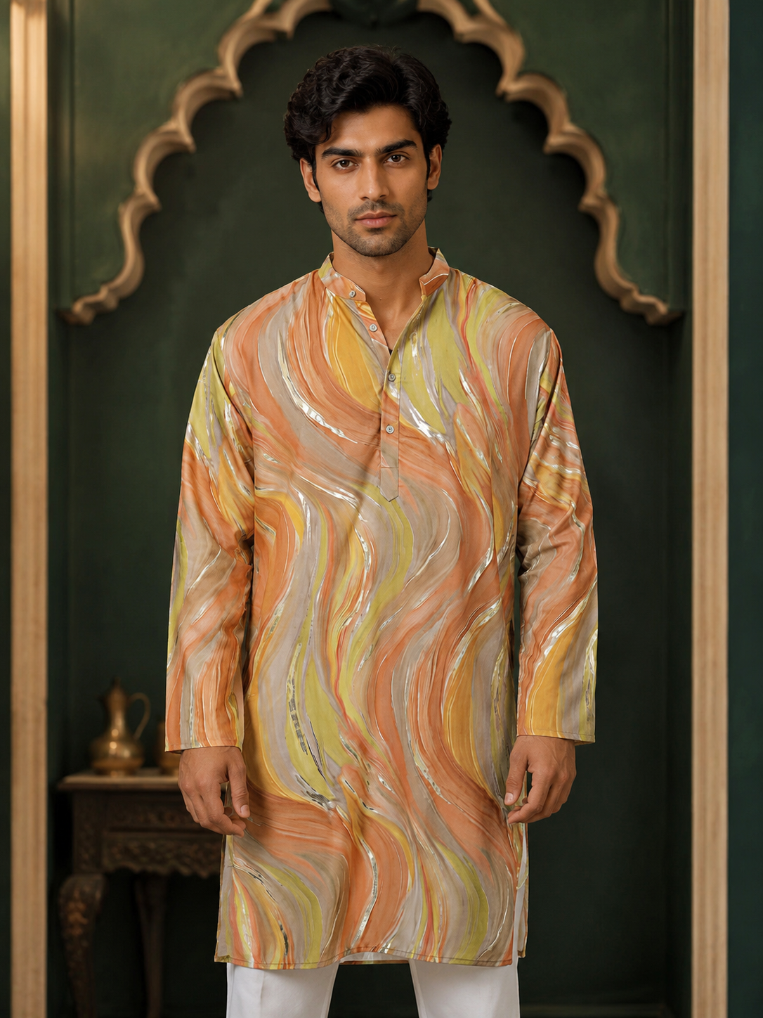 Artistic Print Pure Designer Kurta In Peach-Yellow Color