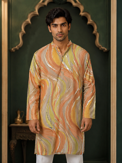 Artistic Print Pure Designer Kurta In Peach-Yellow Color