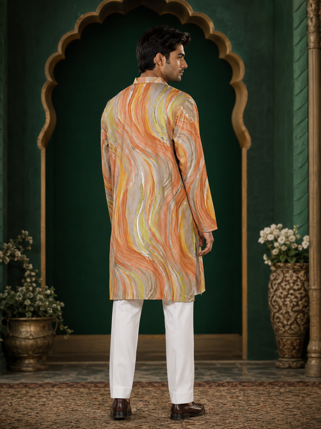 Artistic Print Pure Designer Kurta In Peach-Yellow Color