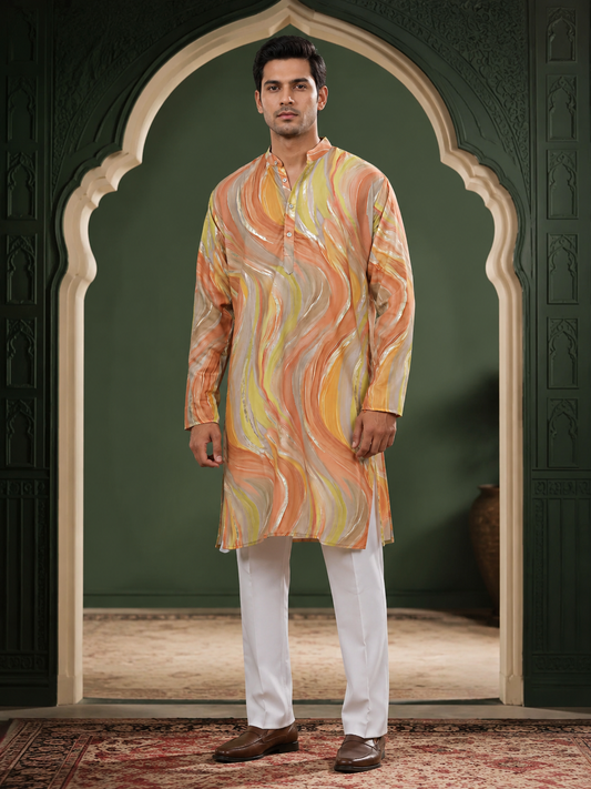 Artistic Print Pure Designer Kurta In Peach-Yellow Color