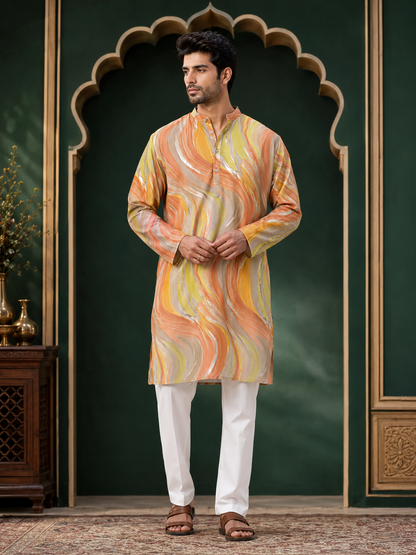 Artistic Print Pure Designer Kurta In Peach-Yellow Color
