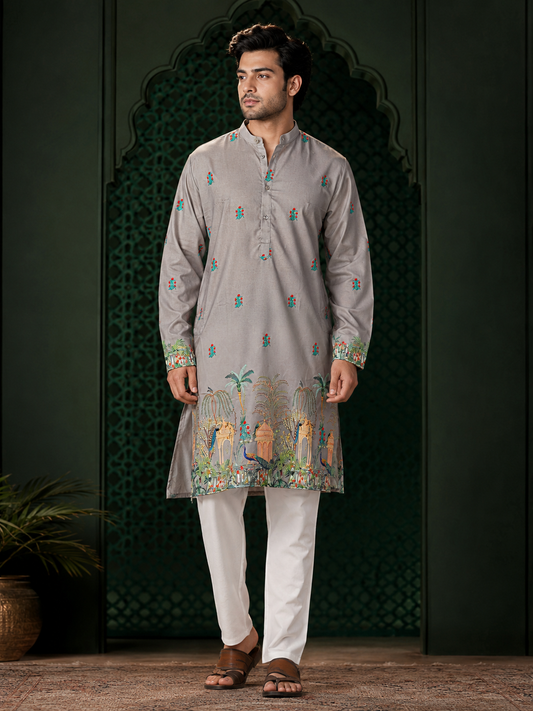 Gray Kurta With Heritage Royal Print
