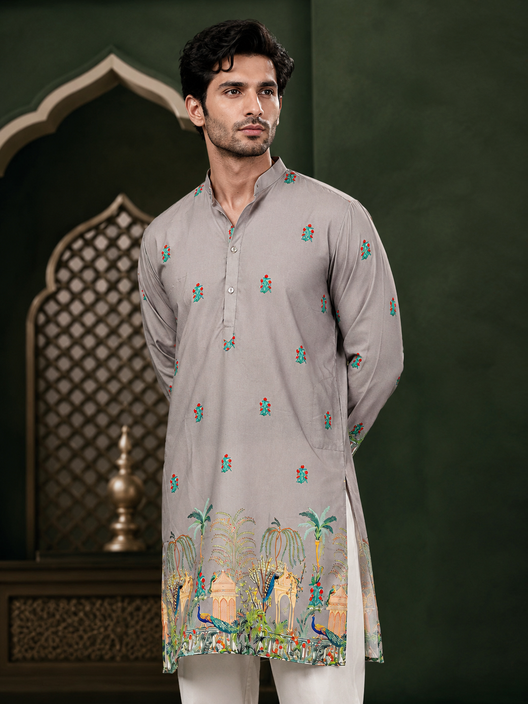 Gray Kurta With Heritage Royal Print