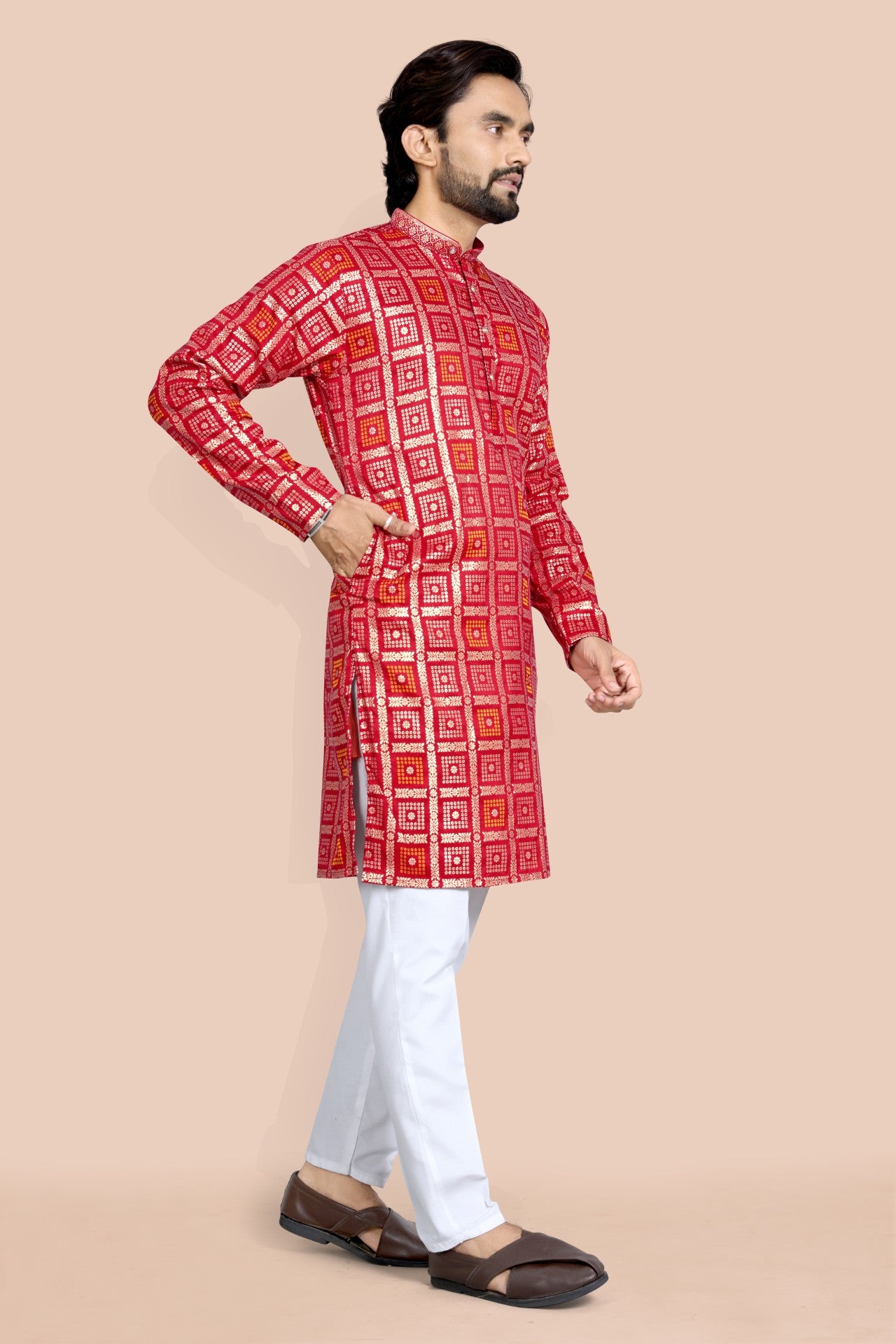 royal red bandhani jacquard kurta