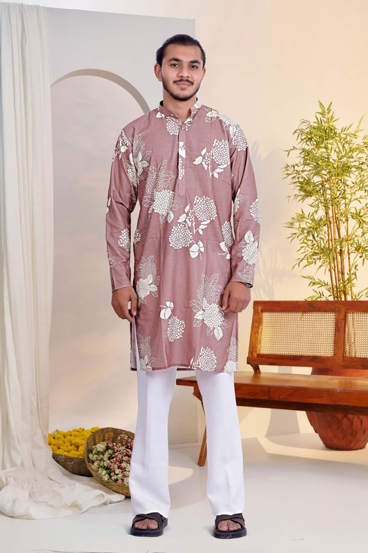 Dusty rose linen blend kurta with floral print and modern look