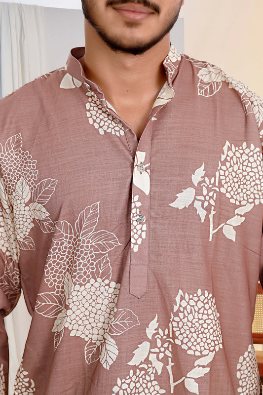 Dusty rose linen blend kurta with floral print and modern look