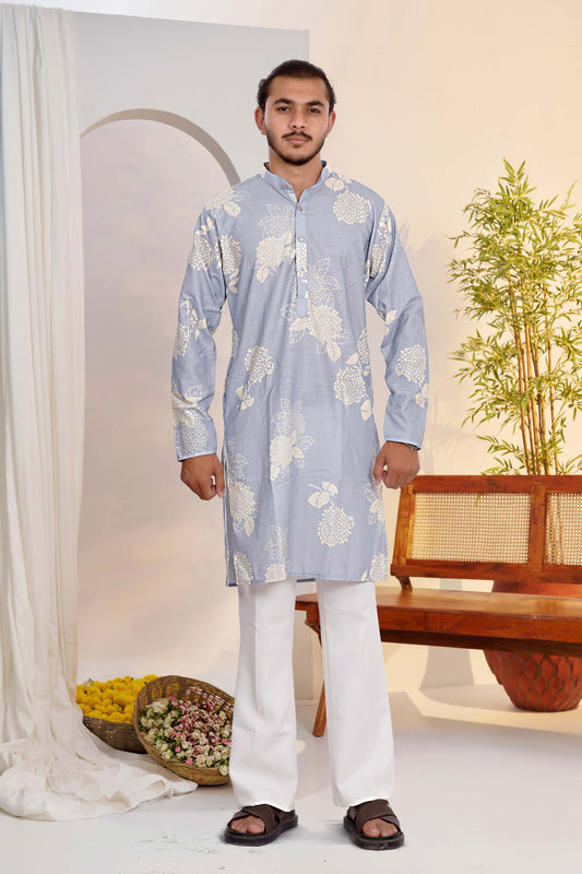 Sky blue linen blend kurta with floral print and modern look