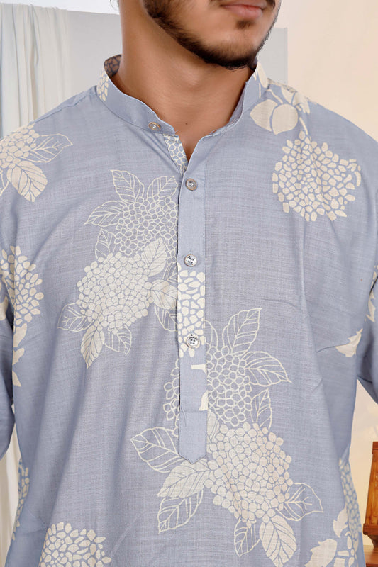 Sky blue linen blend kurta with floral print and modern look
