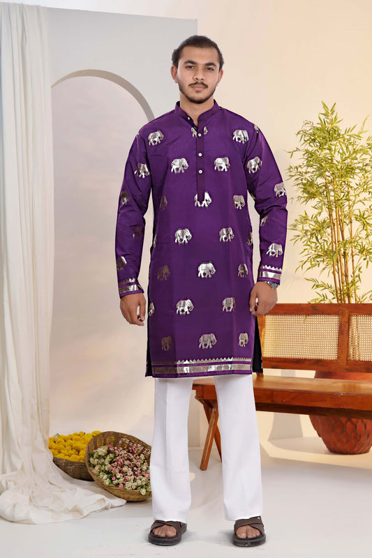 Purple Silk Blend Kurta With Jacquard Elephant Motif