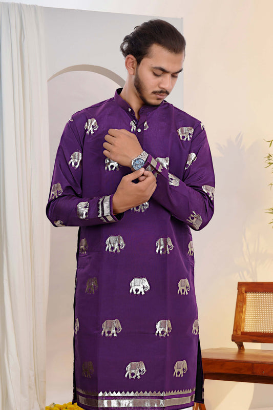 Purple Silk Blend Kurta With Jacquard Elephant Motif