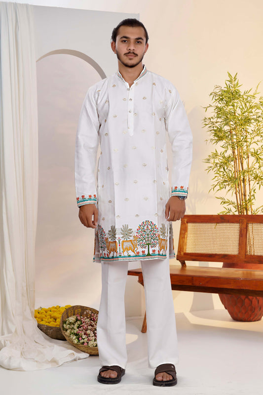White Gauri Traditional Jacquard  Designer Kurta