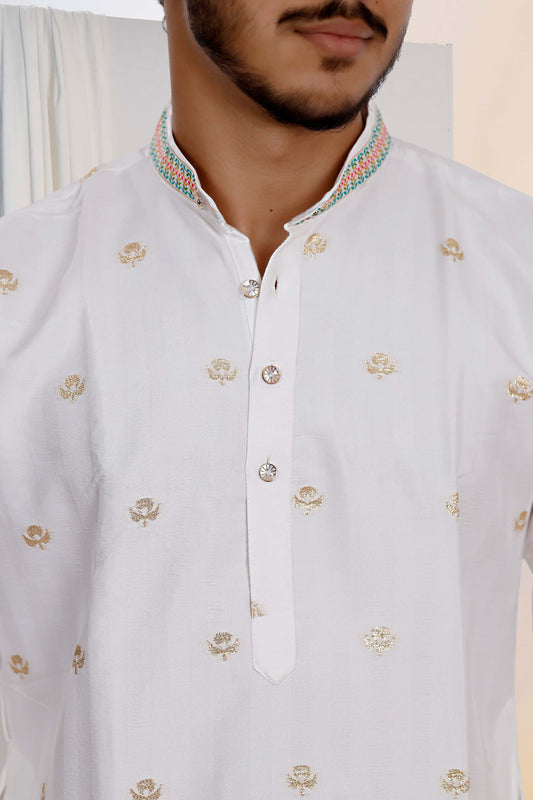 White Gauri Traditional Jacquard  Designer Kurta
